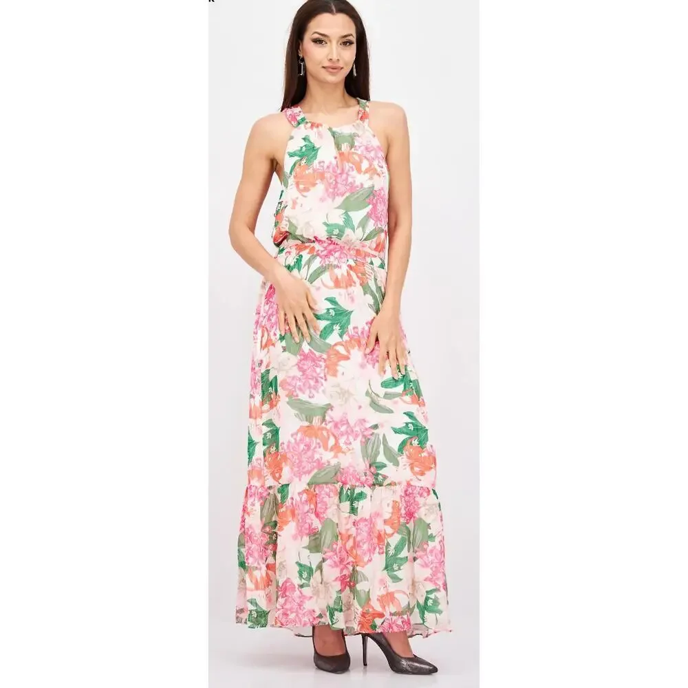 CeCe Pink Floral Print Halter Neck Tie Back Cut Out Pleated Maxi Dress Size 14W - Picture 7 of 9